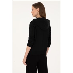 Kadın Siyah Kapüşonlu Fermuarlı Sweatshirt