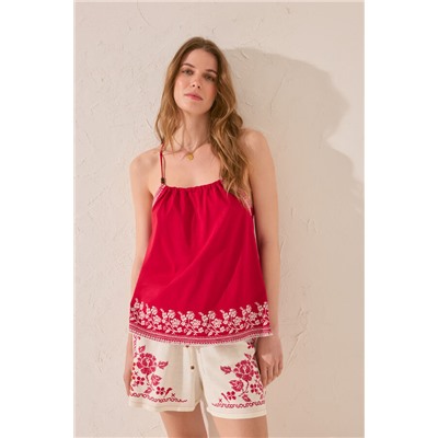 Camiseta tirantes 100% algodón rojo bordado