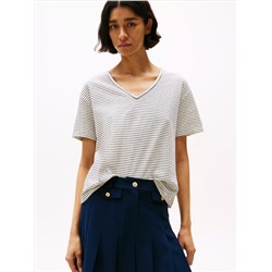 Linen-Blend Stripe V-Neck Top