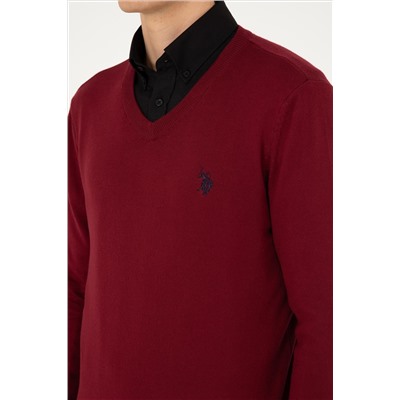 Erkek Slim Fit V Yaka Bordo Basic Kazak