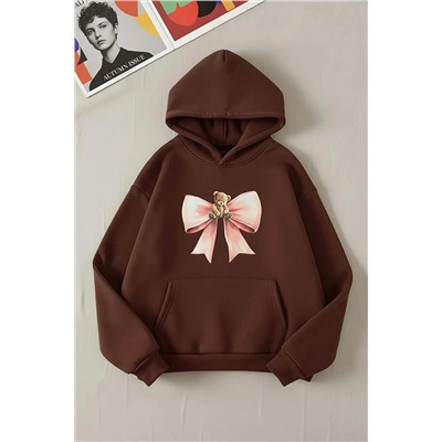 Kahverengi Fiyonklu Ayıcıklı İçi Polarlı/Şardonlu Örme Büyük Beden Sweatshirt TBBAW26AO00013