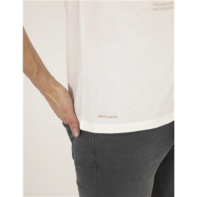 Ekru Slim Fit Baskılı Bisiklet Yaka Tişört