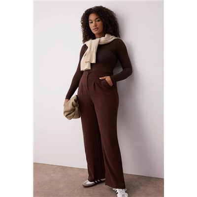 Kahverengi Lastikli Yüksek Bel Pileli Wide Leg Dokuma Pantolon TBBSS22PL0448