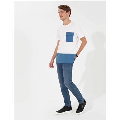 Ekru Slim Fit Baskılı Bisiklet Yaka Tişört