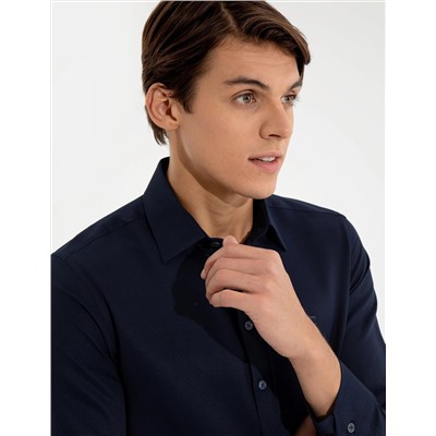 Lacivert Slim Fit Armürlü Klasik Gömlek