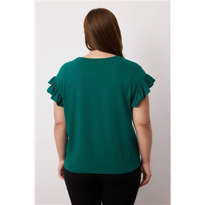 Zümrüt Yeşili Bisiklet Yaka Kolları Fırfırlı %100 Pamuk Örme T-Shirt TBBSS23BF00006
