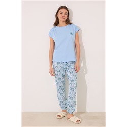 Pijama largo 100% algodón azul flores