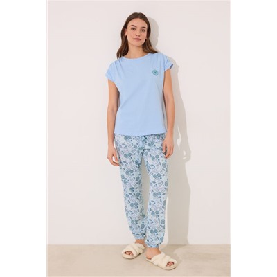 Pijama largo 100% algodón azul flores