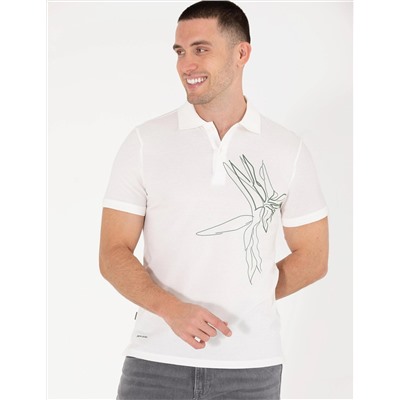 Ekru Slim Fit Baskılı Polo Yaka Tişört