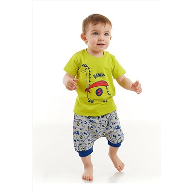 Denokids Super Dino Erkek Bebek Yeşil T-shirt Gri Pantolon Yazlık Takım CFF-23Y2-023