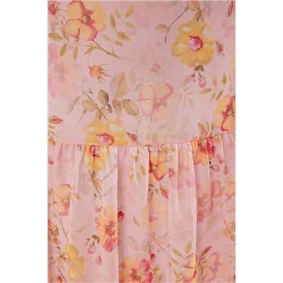 Pembe Çiçekli Midi Şifon Dokuma Büyük Beden Elbise TBBSS25AH00132