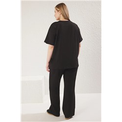Siyah Regular Fit Slogan Baskılı Kısa Kol Örme Büyük Beden Eşofman Takımı TBBSS25CP00005