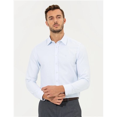Açık Mavi Slim Fit Armürlü Klasik Gömlek