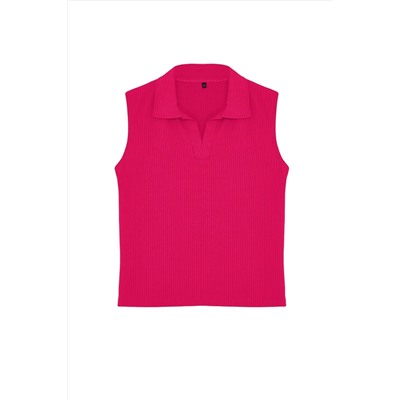Pembe Fitted/Vücuda Oturan Polo Yaka Esnek Örme Büyük Beden Bluz TBBSS24AF00065