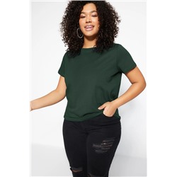 Trendyol Curve Zümrüt Yeşili Regular Fit Basic Bisiklet Yaka %100 Pamuk Örme Büyük Beden T-Shirt TBBSS22TS0733