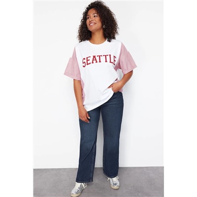 Kırmızı Çizgili Baskılı Oversize %100 PamukÖrme T-shirt TBBSS24BF00017