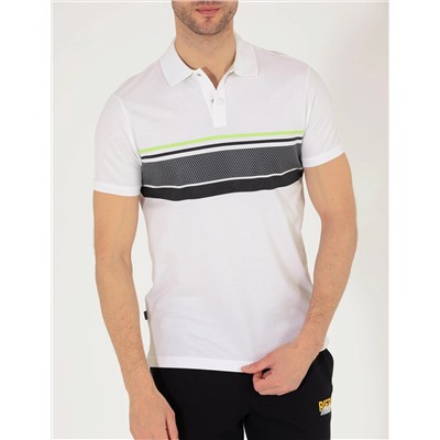 Beyaz Slim Fit Göğüs Baskılı Polo Yaka Tişört