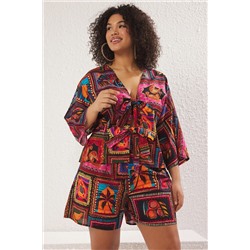 Çok Renkli Tropikal Desenli Bağlama Detaylı Beachwear Büyük Beden Alt-Üst Takım TBBSS25CP00001