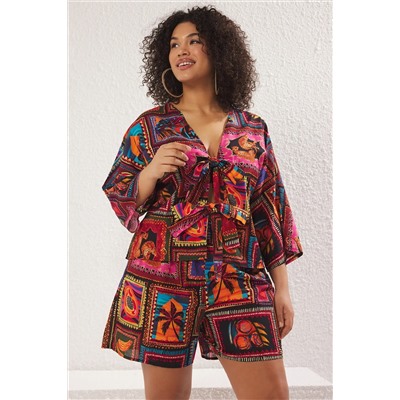 Çok Renkli Tropikal Desenli Bağlama Detaylı Beachwear Büyük Beden Alt-Üst Takım TBBSS25CP00001