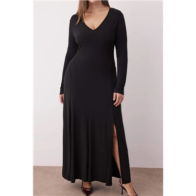 Siyah V Yaka Skater/Belden Açılan Esnek Maxi Örme Elbise TBBAW26AH00017