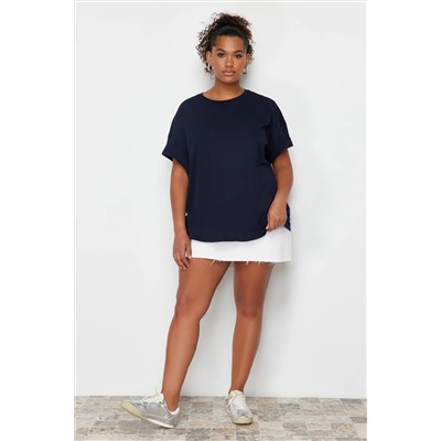 Lacivert %100 Pamuk Sırt Baskılı Rahat Kesim Bisiklet Yaka Örme T-Shirt TBBSS24BF00025