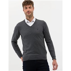 Antrasit Melanj Slim Fit V Yaka Basic Triko Kazak