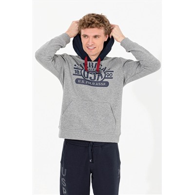 Erkek Gri Melanj Kapüşonlu Sweatshirt