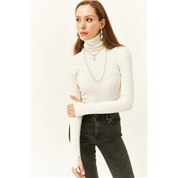 Olalook Kadın Ekru Balıkçı Yaka Parmak Detaylı Likralı Bluz BLZ-19001644