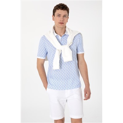 Erkek Regular Fit Polo Yaka Koyu Mavi Desenli Tişört
