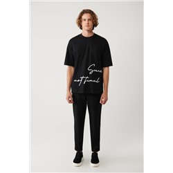 Siyah %100 Pamuk Bisiklet Yaka Baskılı T-Shirt