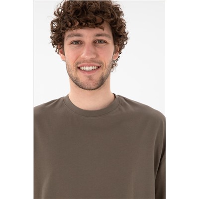 Erkek Long Fit Bisiklet Yaka Vizon Basic Tişört