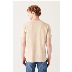 Bej %100 Pamuk Nefes Alan Bisiklet Yaka T-Shirt