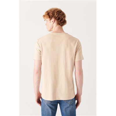 Bej %100 Pamuk Nefes Alan Bisiklet Yaka T-Shirt