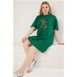 Yeşil Bisiklet Yaka Leopar Baskılı %100 Pamuk Örme Büyük Beden T-shirt Elbise TBBSS23AH00163
