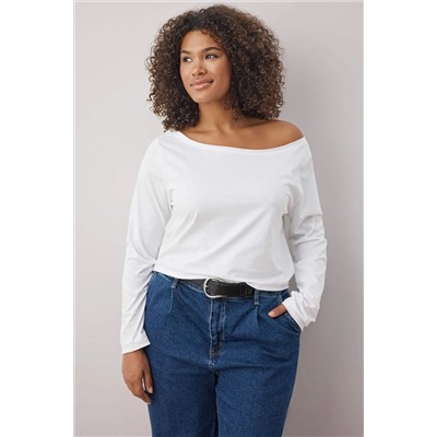 Siyah-Beyaz 2'li Paket %100 Pamuk Asimetrik Kayık Yaka Crop Örme T-Shirt TBBAW26BF00001