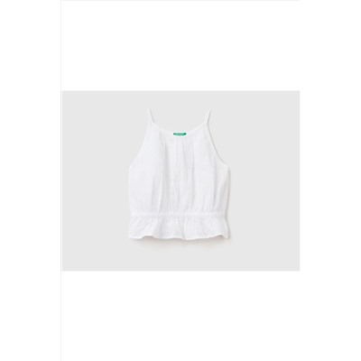 United Colors of BenettonKız Çocuk Beyaz Beli Lastikli Kuş Gözlü Bluz Beyaz