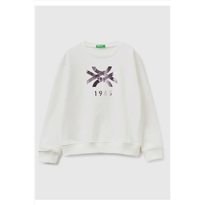 United Colors of Benetton Kız Çocuk Krem Benetton Logolu Sweatshirt Krem 223A3J68C10D0