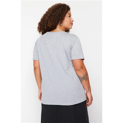 Gri Melanj Slogan Baskılı Boyfriend %100 Pamuk Örme Büyük Beden T-shirt TBBSS24BF00036