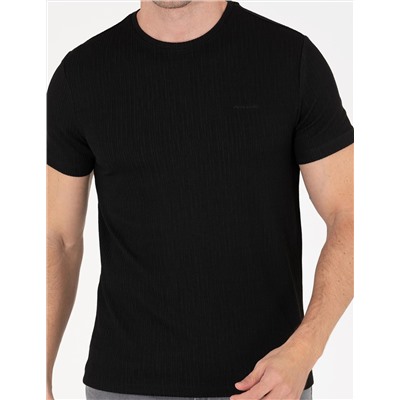 Siyah Slim Fit Jakarlı Bisiklet Yaka Tişört