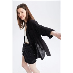 Defacto Oversize Fit Gömlek Yaka Keten Görünümlü Uzun Kollu Gömlek X2232AZ22SM