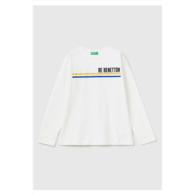 United Colors of Benetton Erkek Çocuk Krem Kesik Logo Baskılı T-Shirt Krem 223A3I1XC10D7