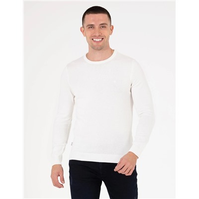 Ekru Slim Fit Bisiklet Yaka Basic Triko Kazak