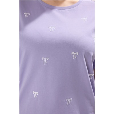 Lila Boyfriend Fiyonk Nakış Detaylı %100 Pamuk Örme Büyük Beden T-shirt TBBSS24BF00029