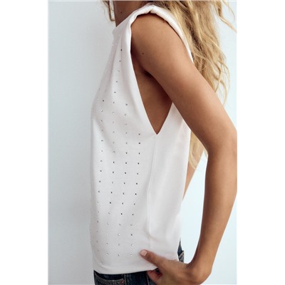 T-SHIRT WITH PADDED SHOULDERS AND RHINESTONES
