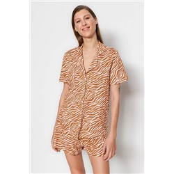 TRENDYOLMİLLA Turuncu %100 Pamuk Zebra Desenli Gömlek-Şort Örme Pijama Takımı THMSS23PT00020