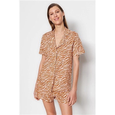 TRENDYOLMİLLA Turuncu %100 Pamuk Zebra Desenli Gömlek-Şort Örme Pijama Takımı THMSS23PT00020