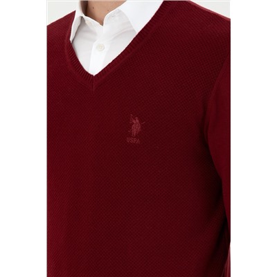 Erkek Slim Fit V Yaka Bordo Basic Kazak