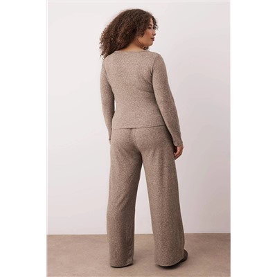 Kahverengi Yumoş Crop ve Wide Leg/Geniş Paça Örme Alt Üst Takım TBBAW26CP00005