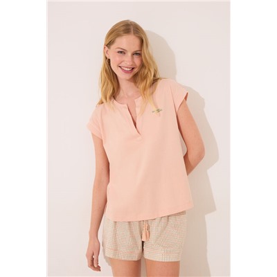 Pijama manga corta  algodón cuadros naranja