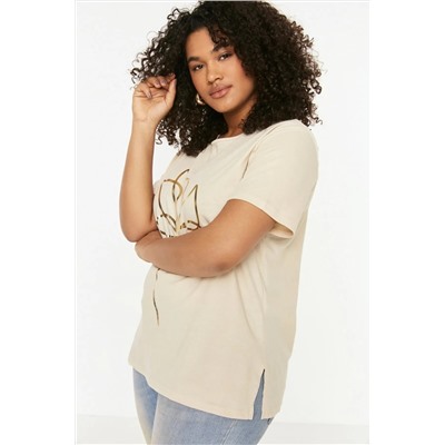 Bej Bisiklet Yaka Metalik Baskılı %100 Pamuk Örme T-Shirt TBBSS22TS2287